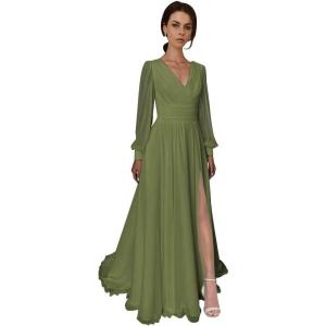 imageSplit Chiffon V Neck Long Sleeve Prom Dresses Formal Dress for Women ALine Pleated Maxi GownOlive