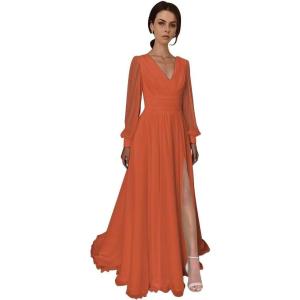 imageSplit Chiffon V Neck Long Sleeve Prom Dresses Formal Dress for Women ALine Pleated Maxi GownOrange