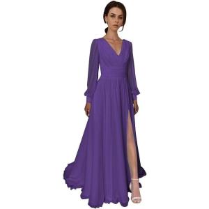 imageSplit Chiffon V Neck Long Sleeve Prom Dresses Formal Dress for Women ALine Pleated Maxi GownPurple