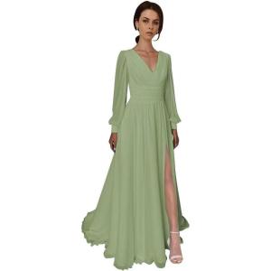 imageSplit Chiffon V Neck Long Sleeve Prom Dresses Formal Dress for Women ALine Pleated Maxi GownSage