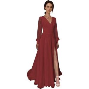 imageSplit Chiffon V Neck Long Sleeve Prom Dresses Formal Dress for Women ALine Pleated Maxi GownWine Red