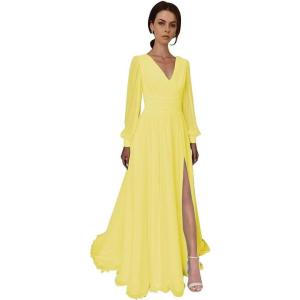 imageSplit Chiffon V Neck Long Sleeve Prom Dresses Formal Dress for Women ALine Pleated Maxi GownYellow