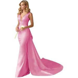 imageV Neck Satin Prom Dresses Long Mermaid Simple Wedding Dress with Cape for WomenDark Pink