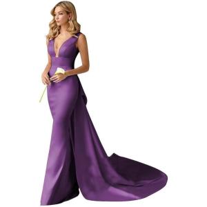 imageV Neck Satin Prom Dresses Long Mermaid Simple Wedding Dress with Cape for WomenGrape
