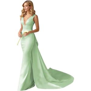 imageV Neck Satin Prom Dresses Long Mermaid Simple Wedding Dress with Cape for WomenSage