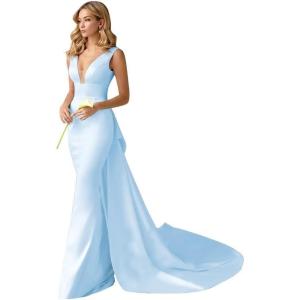 imageV Neck Satin Prom Dresses Long Mermaid Simple Wedding Dress with Cape for WomenSky Blue