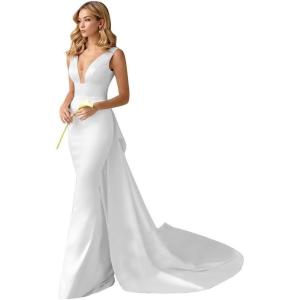 imageV Neck Satin Prom Dresses Long Mermaid Simple Wedding Dress with Cape for WomenWhite