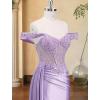 image:imageOff Shoulder Satin Prom Dresses 2026 Long Lace Beaded Mermaid Formal Dresses Pleated Evening Party Gown with Slit TailDusty Blue