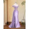 image:imageOff Shoulder Satin Prom Dresses 2026 Long Lace Beaded Mermaid Formal Dresses Pleated Evening Party Gown with Slit TailEmerald Green