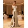 image:imageOff Shoulder Satin Prom Dresses 2026 Long Lace Beaded Mermaid Formal Dresses Pleated Evening Party Gown with Slit TailSage