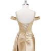 image:imageOff Shoulder Satin Prom Dresses 2026 Mermaid Beaded Formal Dresses Corset Lace Pleated Evening Dress with Slit TailAqua