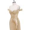 image:imageOff Shoulder Satin Prom Dresses 2026 Mermaid Beaded Formal Dresses Corset Lace Pleated Evening Dress with Slit TailLavender