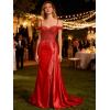 image:imageOff Shoulder Satin Prom Dresses 2026 Mermaid Beaded Formal Dresses Corset Lace Pleated Evening Dress with Slit TailWine Red