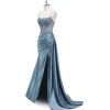 image:imageSatin Beaded Prom Dresses Long for Women Mermaid Pleated Formal Dresses with Slit Spaghetti Straps Evening Gowns with TailDusty Blue