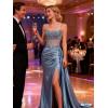image:imageSatin Beaded Prom Dresses Long for Women Mermaid Pleated Formal Dresses with Slit Spaghetti Straps Evening Gowns with TailDusty Blue