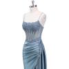 image:imageSatin Beaded Prom Dresses Long for Women Mermaid Pleated Formal Dresses with Slit Spaghetti Straps Evening Gowns with TailDusty Blue