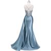 image:imageSatin Beaded Prom Dresses Long for Women Mermaid Pleated Formal Dresses with Slit Spaghetti Straps Evening Gowns with TailDusty Blue