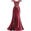 image:imageOff Shoulder Satin Prom Dresses 2026 Long Lace Beaded Mermaid Formal Dresses Pleated Evening Party Gown with Slit TailWine Red