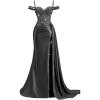 image:imageOff Shoulder Satin Prom Dresses 2026 Mermaid Beaded Formal Dresses Corset Lace Pleated Evening Dress with Slit TailBlack