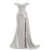 image:imageOff Shoulder Satin Prom Dresses 2026 Mermaid Beaded Formal Dresses Corset Lace Pleated Evening Dress with Slit TailSilver