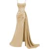 image:imageSatin Beaded Prom Dresses Long for Women Mermaid Pleated Formal Dresses with Slit Spaghetti Straps Evening Gowns with TailChampagne