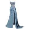 image:imageSatin Beaded Prom Dresses Long for Women Mermaid Pleated Formal Dresses with Slit Spaghetti Straps Evening Gowns with TailDusty Blue