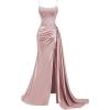 image:imageSatin Beaded Prom Dresses Long for Women Mermaid Pleated Formal Dresses with Slit Spaghetti Straps Evening Gowns with TailDusty Pink