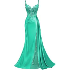 image:imageMermaid Satin Prom Dresses 2026 Sequin Beaded Formal Dresses Corset Evening Gowns with Slit TailAqua