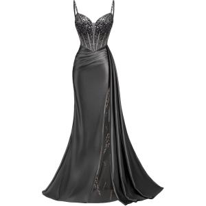 image:imageMermaid Satin Prom Dresses 2026 Sequin Beaded Formal Dresses Corset Evening Gowns with Slit TailBlack
