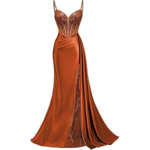 image:imageMermaid Satin Prom Dresses 2026 Sequin Beaded Formal Dresses Corset Evening Gowns with Slit TailBurnt Orange