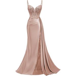 image:imageMermaid Satin Prom Dresses 2026 Sequin Beaded Formal Dresses Corset Evening Gowns with Slit TailDusty Rose