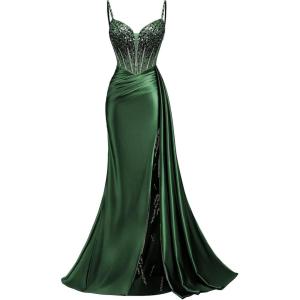 image:imageMermaid Satin Prom Dresses 2026 Sequin Beaded Formal Dresses Corset Evening Gowns with Slit TailEmerald Green