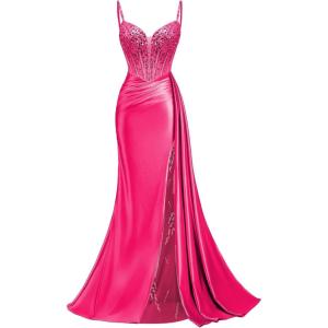 image:imageMermaid Satin Prom Dresses 2026 Sequin Beaded Formal Dresses Corset Evening Gowns with Slit TailHot Pink