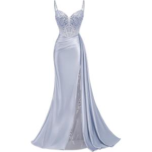 image:imageMermaid Satin Prom Dresses 2026 Sequin Beaded Formal Dresses Corset Evening Gowns with Slit TailLavender