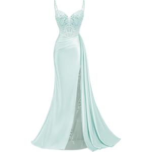 image:imageMermaid Satin Prom Dresses 2026 Sequin Beaded Formal Dresses Corset Evening Gowns with Slit TailLight Blue