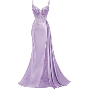 image:imageMermaid Satin Prom Dresses 2026 Sequin Beaded Formal Dresses Corset Evening Gowns with Slit TailLilac