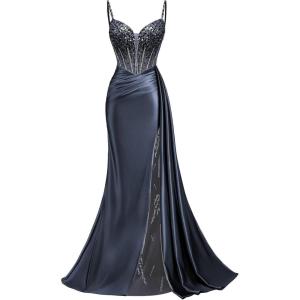 image:imageMermaid Satin Prom Dresses 2026 Sequin Beaded Formal Dresses Corset Evening Gowns with Slit TailNavy Blue