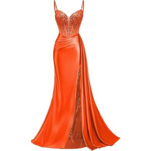 image:imageMermaid Satin Prom Dresses 2026 Sequin Beaded Formal Dresses Corset Evening Gowns with Slit TailOrange