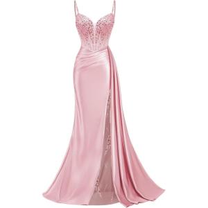 image:imageMermaid Satin Prom Dresses 2026 Sequin Beaded Formal Dresses Corset Evening Gowns with Slit TailPink