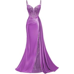 image:imageMermaid Satin Prom Dresses 2026 Sequin Beaded Formal Dresses Corset Evening Gowns with Slit TailPurple