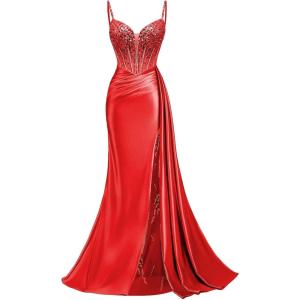 image:imageMermaid Satin Prom Dresses 2026 Sequin Beaded Formal Dresses Corset Evening Gowns with Slit TailRed