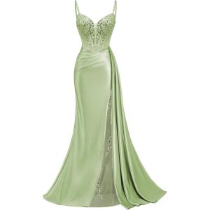 image:imageMermaid Satin Prom Dresses 2026 Sequin Beaded Formal Dresses Corset Evening Gowns with Slit TailSage Green
