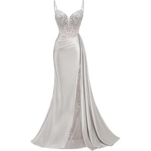image:imageMermaid Satin Prom Dresses 2026 Sequin Beaded Formal Dresses Corset Evening Gowns with Slit TailSilver