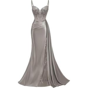 image:imageMermaid Satin Prom Dresses 2026 Sequin Beaded Formal Dresses Corset Evening Gowns with Slit TailSteel Grey