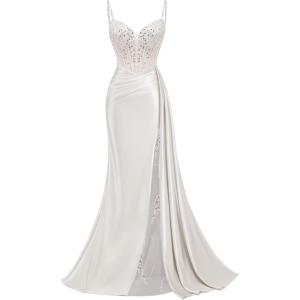 image:imageMermaid Satin Prom Dresses 2026 Sequin Beaded Formal Dresses Corset Evening Gowns with Slit TailWhite