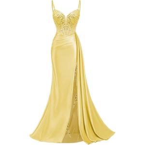 image:imageMermaid Satin Prom Dresses 2026 Sequin Beaded Formal Dresses Corset Evening Gowns with Slit TailYellow
