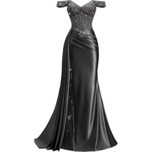 image:imageOff Shoulder Satin Prom Dresses 2026 Long Lace Beaded Mermaid Formal Dresses Pleated Evening Party Gown with Slit TailBlack