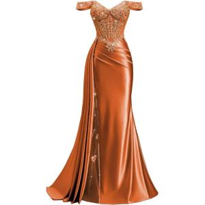 image:imageOff Shoulder Satin Prom Dresses 2026 Long Lace Beaded Mermaid Formal Dresses Pleated Evening Party Gown with Slit TailBurnt Orange