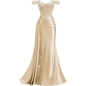 image:imageOff Shoulder Satin Prom Dresses 2026 Long Lace Beaded Mermaid Formal Dresses Pleated Evening Party Gown with Slit TailChampagne