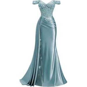 image:imageOff Shoulder Satin Prom Dresses 2026 Long Lace Beaded Mermaid Formal Dresses Pleated Evening Party Gown with Slit TailDusty Blue